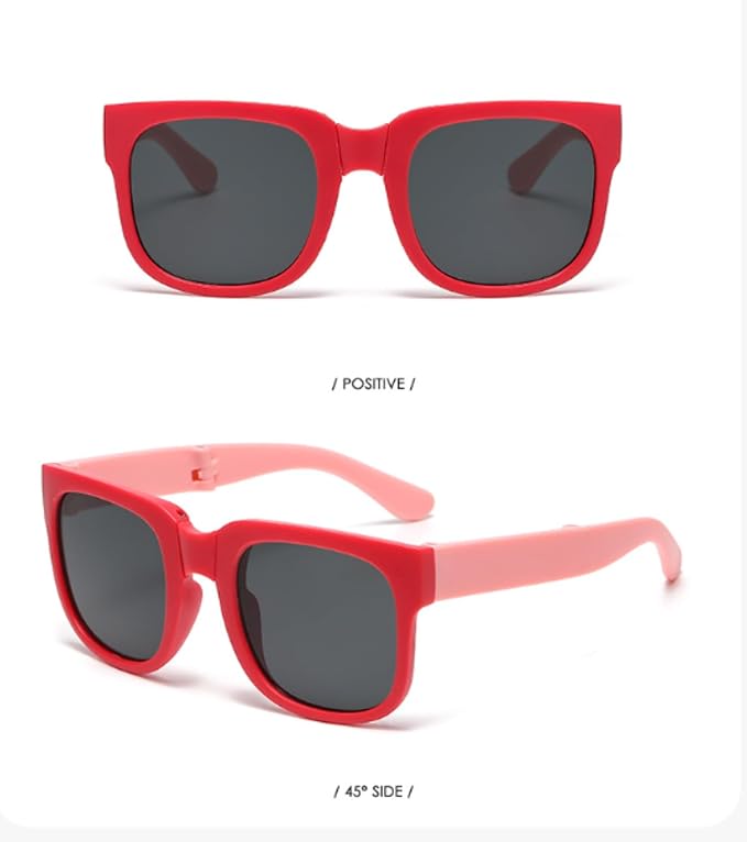 Kids Modern Square Foldable Sunglasses for Boys and Girls with Protective Case