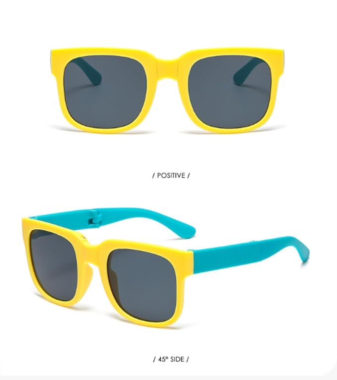 Kids Modern Square Foldable Sunglasses for Boys and Girls with Protective Case